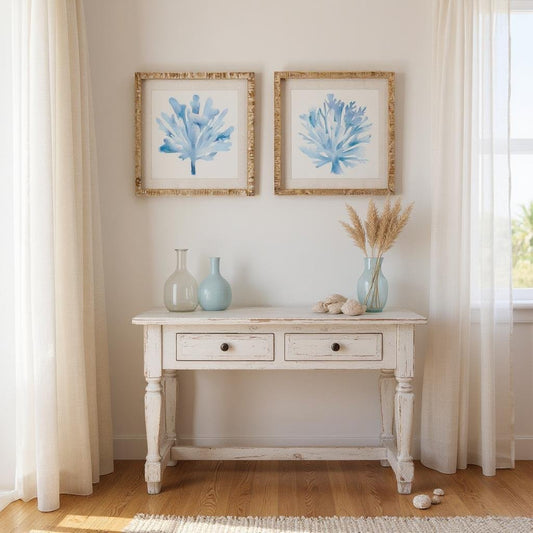 Blue Watercolor Coral Framed Wall Art, 16" Coastal Home Decor, Perfect Beach House Accent, Nautical Gift for Ocean Lovers - Nifty Decor & More
