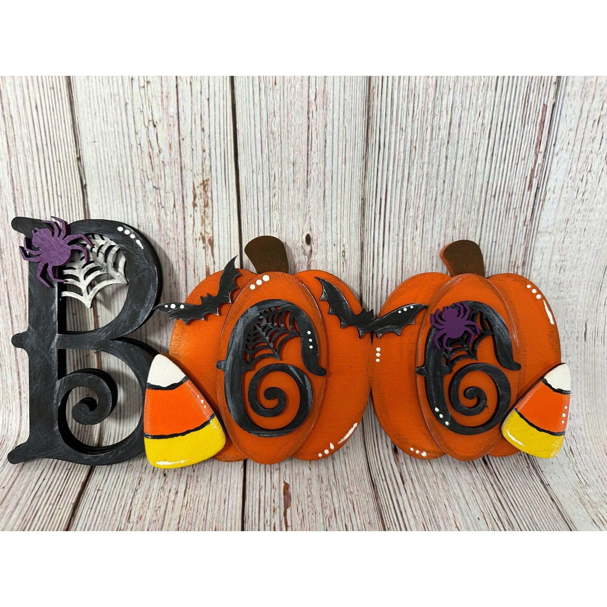 BOO Shelf Sitter Halloween Decor Orange and Black Pumpkin Spooky Wood Sign - Nifty Decor & More