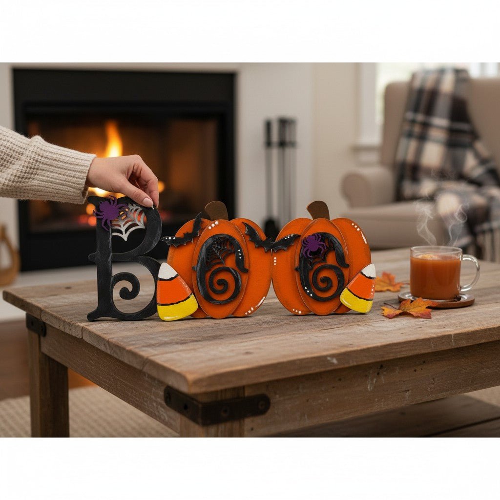 BOO Shelf Sitter Halloween Decor Orange and Black Pumpkin Spooky Wood Sign - Nifty Decor & More