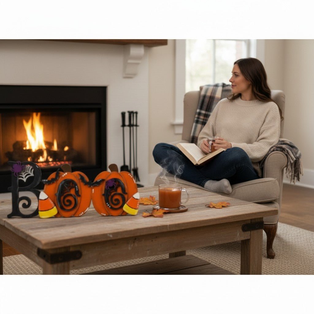 BOO Shelf Sitter Halloween Decor Orange and Black Pumpkin Spooky Wood Sign - Nifty Decor & More