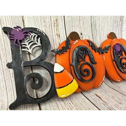 BOO Shelf Sitter Halloween Decor Orange and Black Pumpkin Spooky Wood Sign - Nifty Decor & More