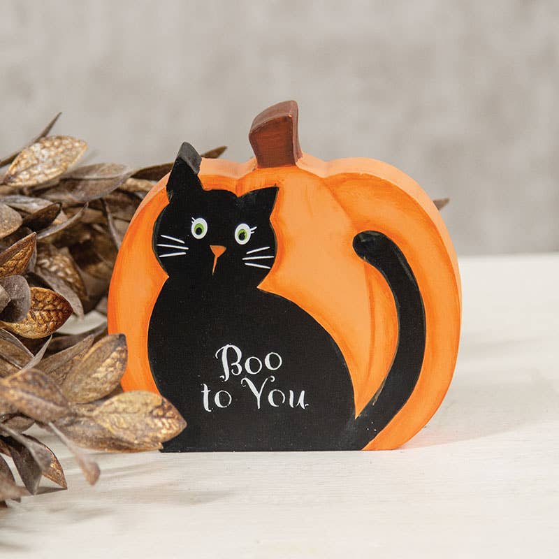 Boo To You Wooden Black Cat Pumpkin Sitter - Nifty Decor & More