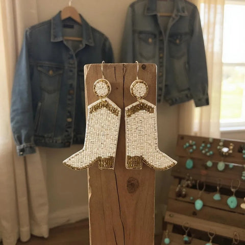 Cowgirl Boots Beaded Earrings, Vibrant Blue & White 2.5" Statement Jewelry for Western Style Lovers, Perfect Gift for Her Chic Earrings