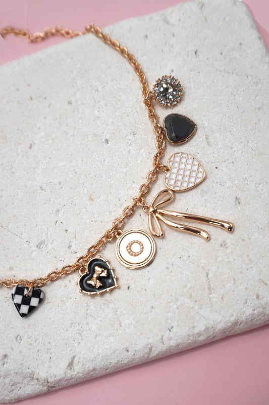 Bow Checker Heart Charm Necklace, Rhinestone Embellished Chic Jewelry, Ideal for Glam Looks & Special Occasion Gifts - Nifty Decor & More