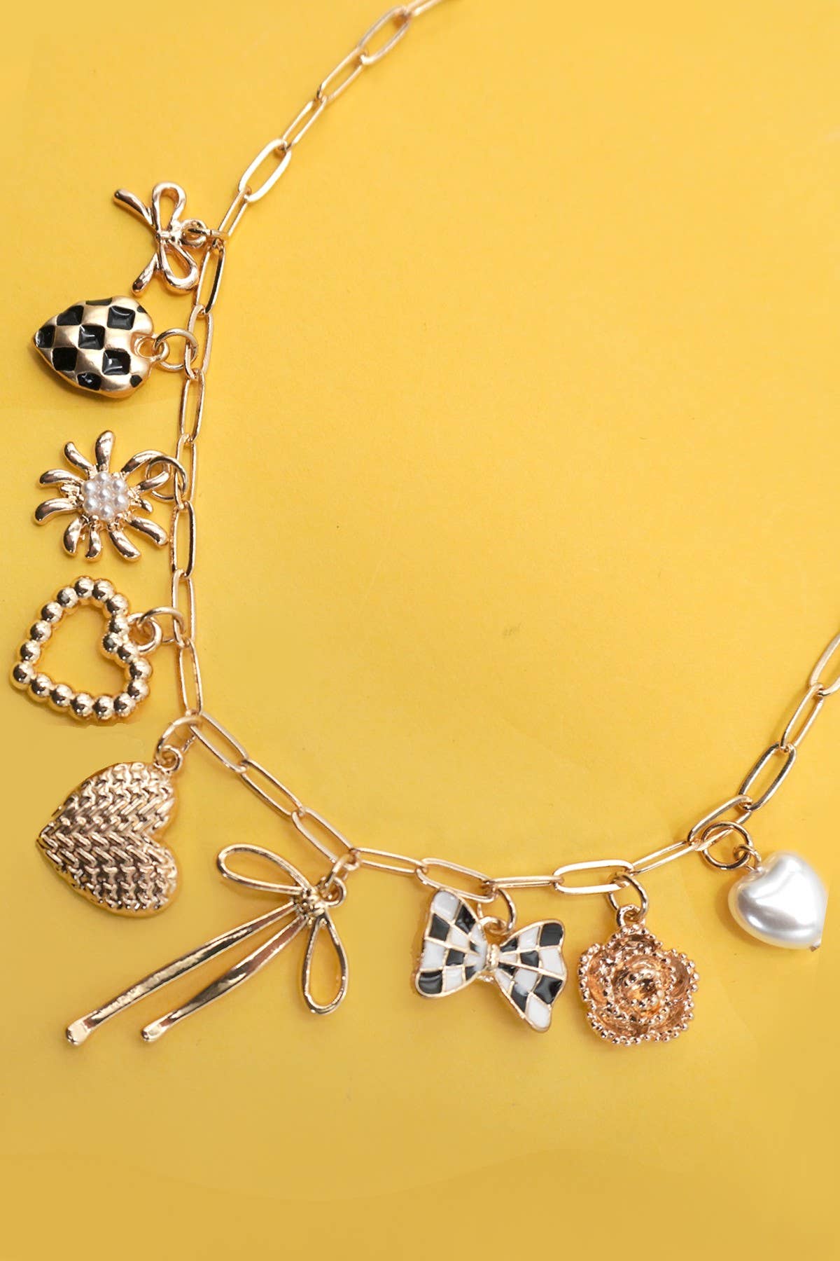 Bow Checker Heart Floral Charm Necklace - Nifty Decor & More