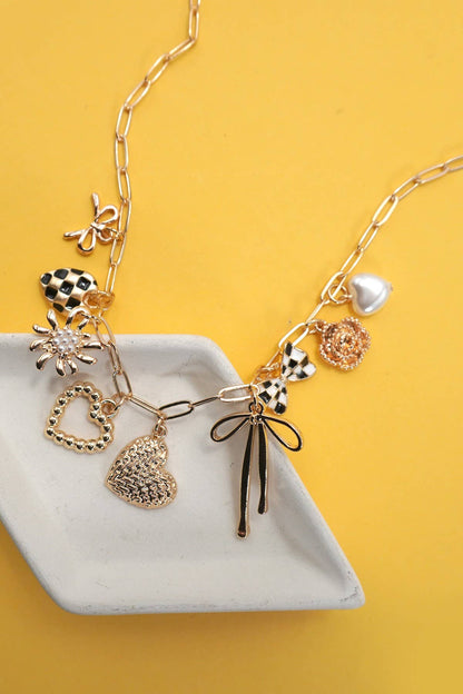 Bow Checker Heart Floral Charm Necklace - Nifty Decor & More