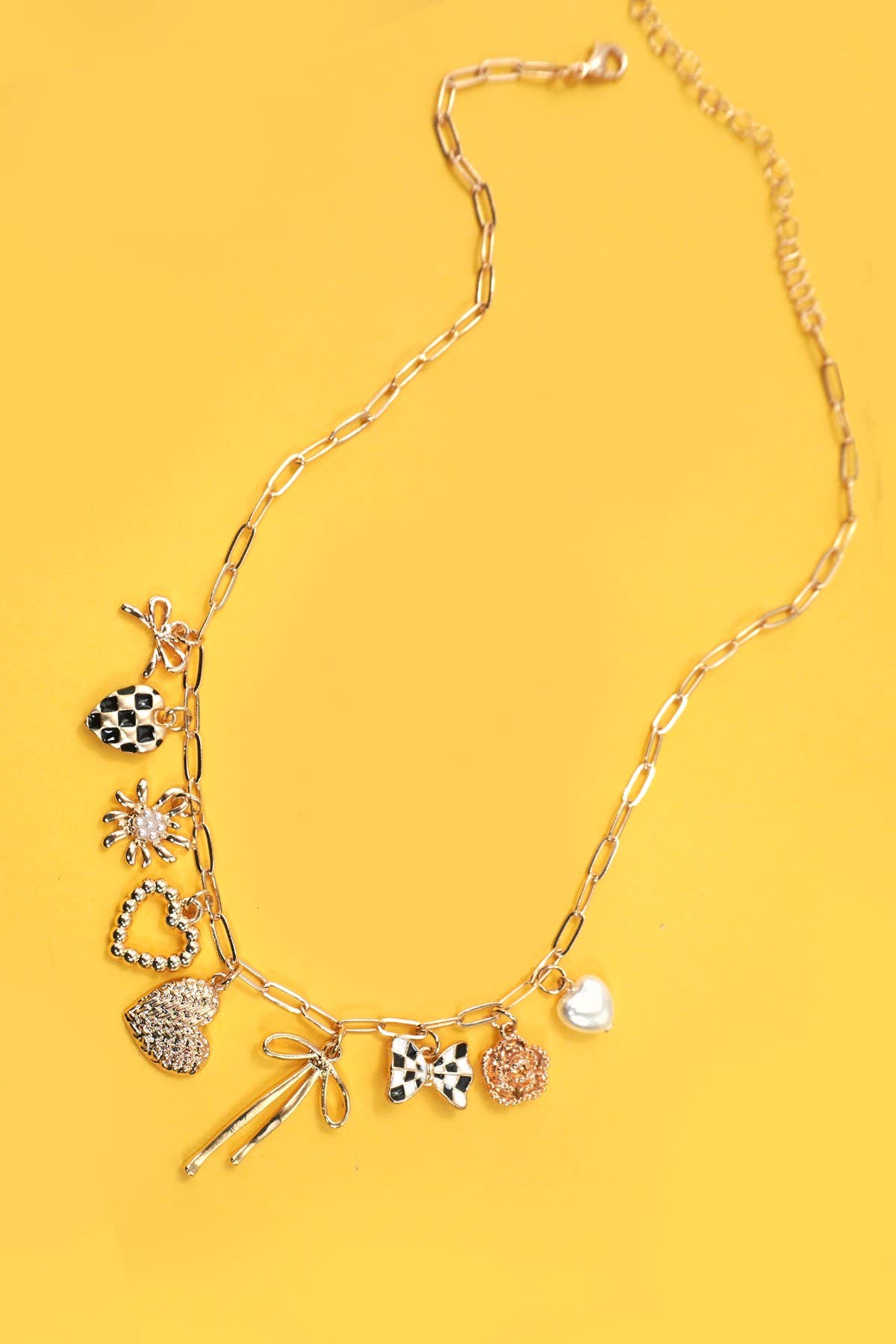 Bow Checker Heart Floral Charm Necklace - Nifty Decor & More