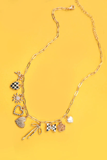 Bow Checker Heart Floral Charm Necklace - Nifty Decor & More