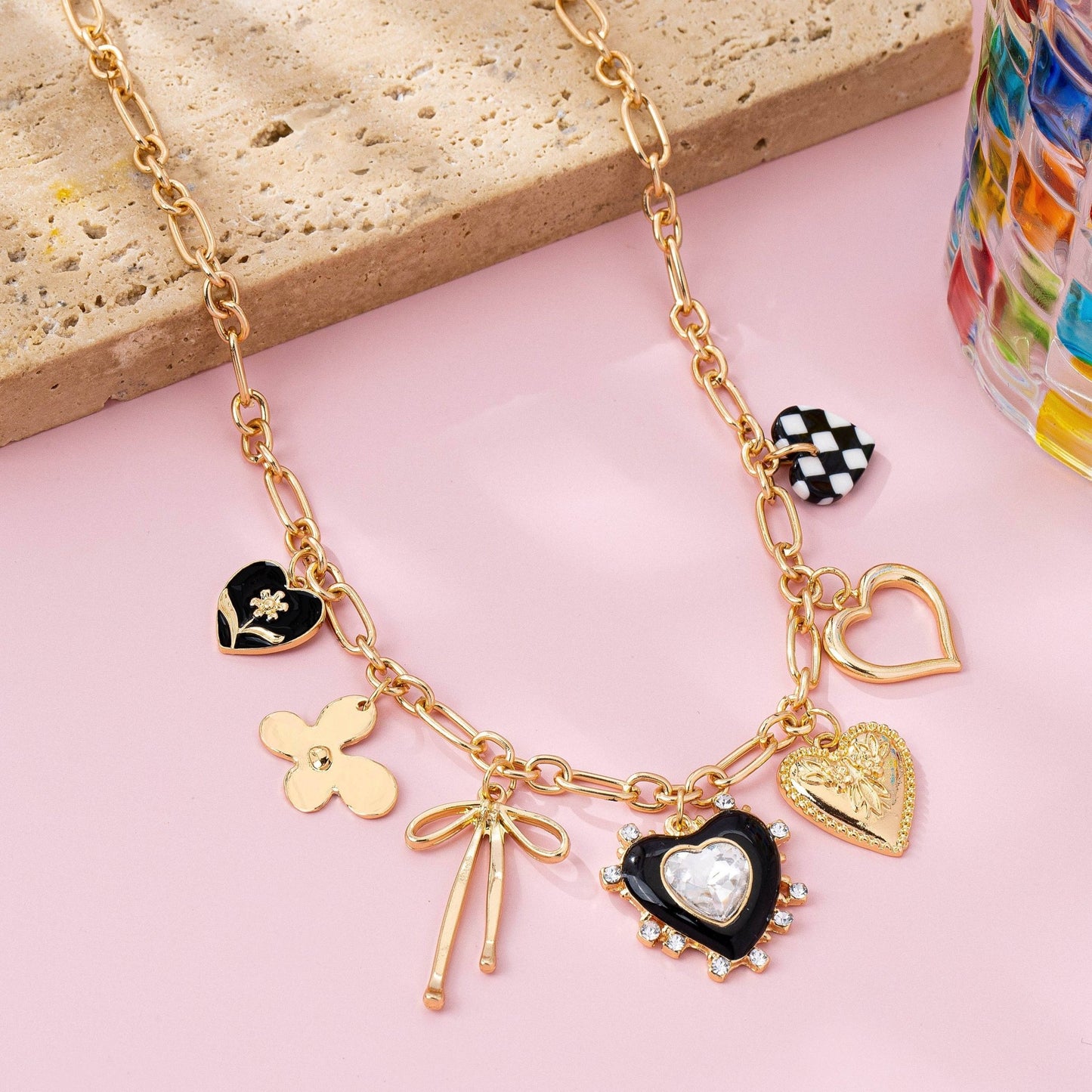 Bow Checker Heart Rhinestone Charm Necklace - Nifty Decor & More