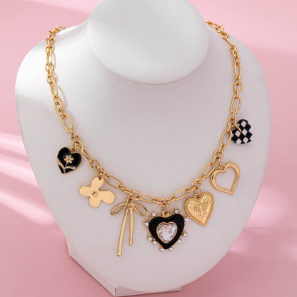 Bow Checker Heart Rhinestone Charm Necklace - Nifty Decor & More