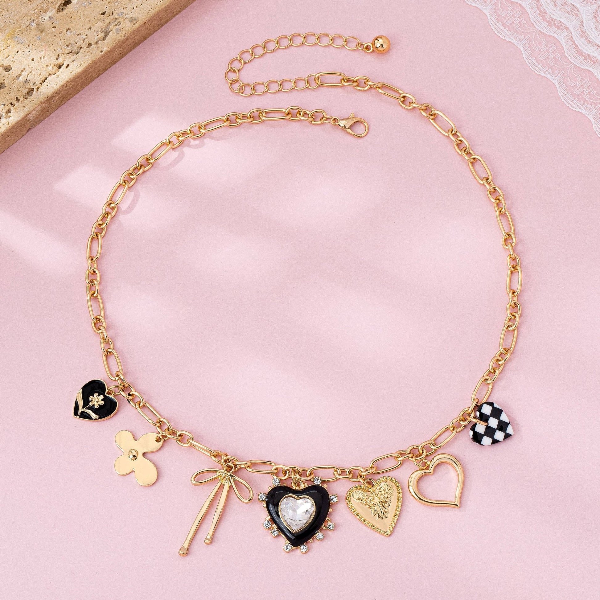 Bow Checker Heart Rhinestone Charm Necklace - Nifty Decor & More