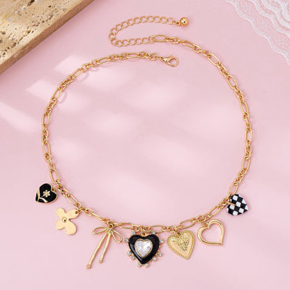 Bow Checker Heart Rhinestone Charm Necklace - Nifty Decor & More