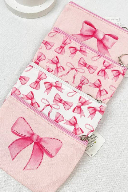 Bow Design Pink Coquette Coin Purse – Preppy Bow Print Zipper Pouch