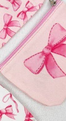 Bow Design Pink Coquette Coin Purse – Preppy Bow Print Zipper Pouch Stitched Bow