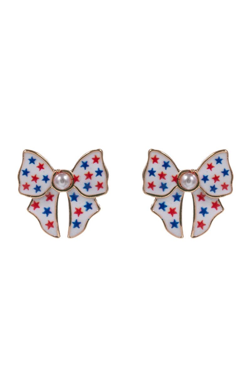 Bow-shaped earrings with star pattern on a white background
