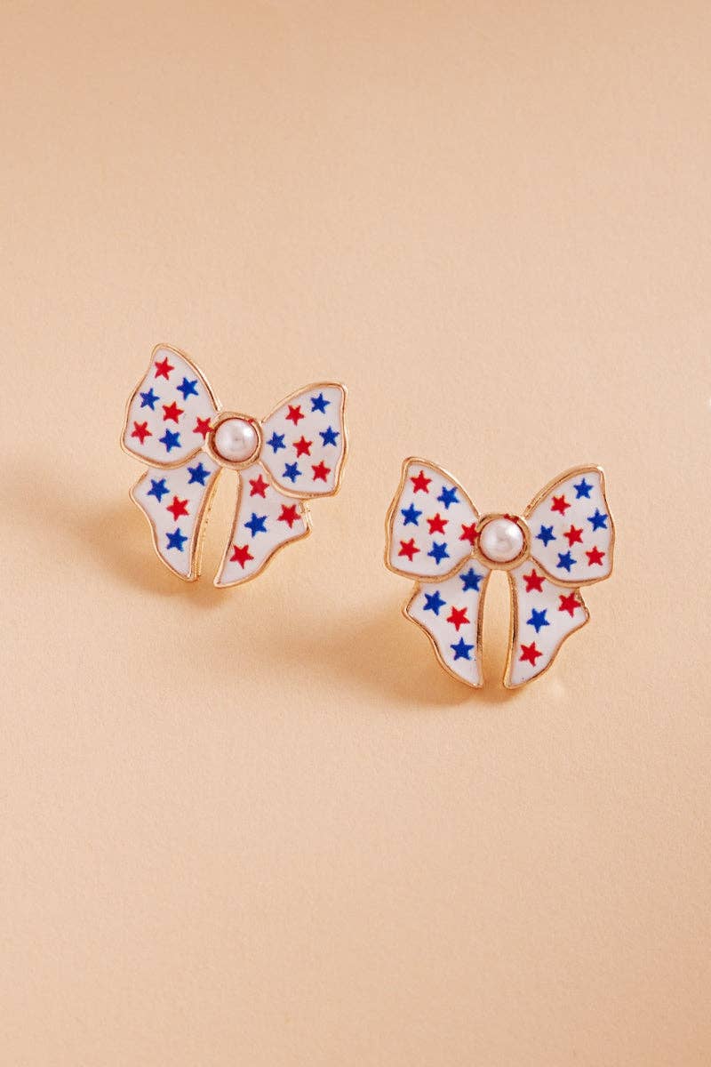 Bow Enamel American Flag Stars Pattern Post Earrings | Hypoallergenic Titanium - Nifty Decor & More
