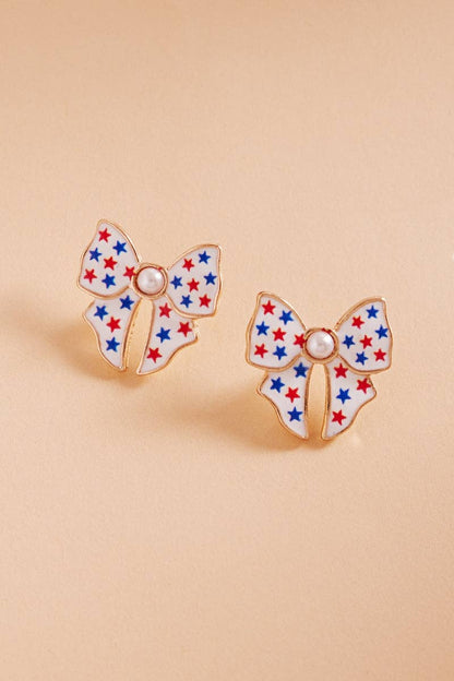 Bow Enamel American Flag Stars Pattern Post Earrings | Hypoallergenic Titanium - Nifty Decor & More