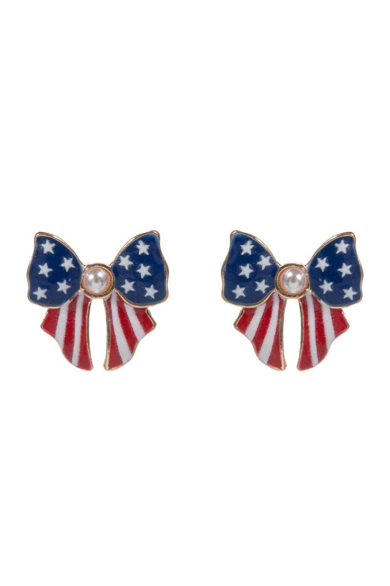 Bow-shaped earrings with American flag design on a white background