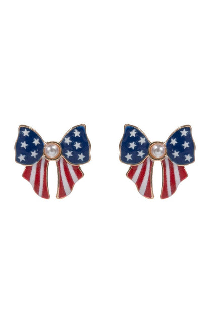 Bow-shaped earrings with American flag design on a white background
