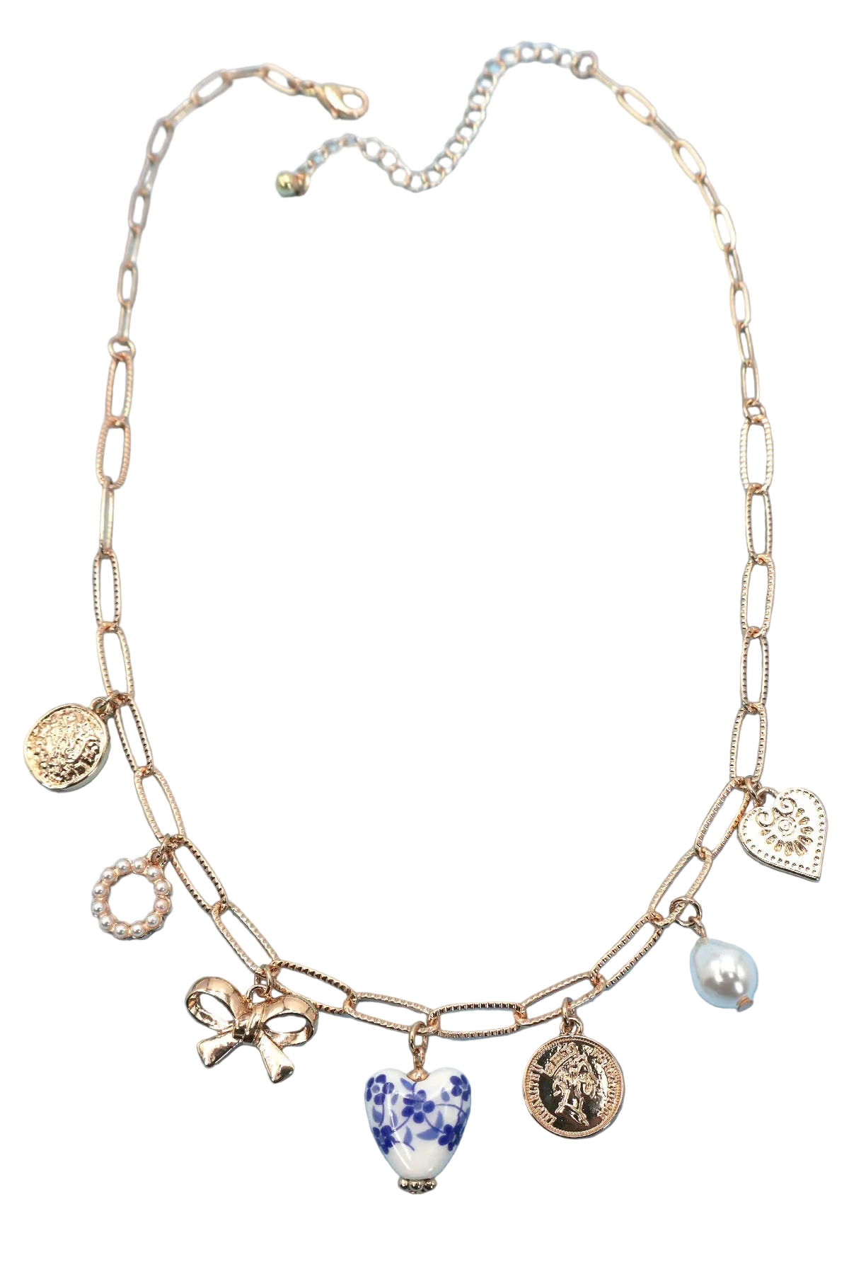 Bow Heart Charm Ceramic Porcelain Necklace 17"