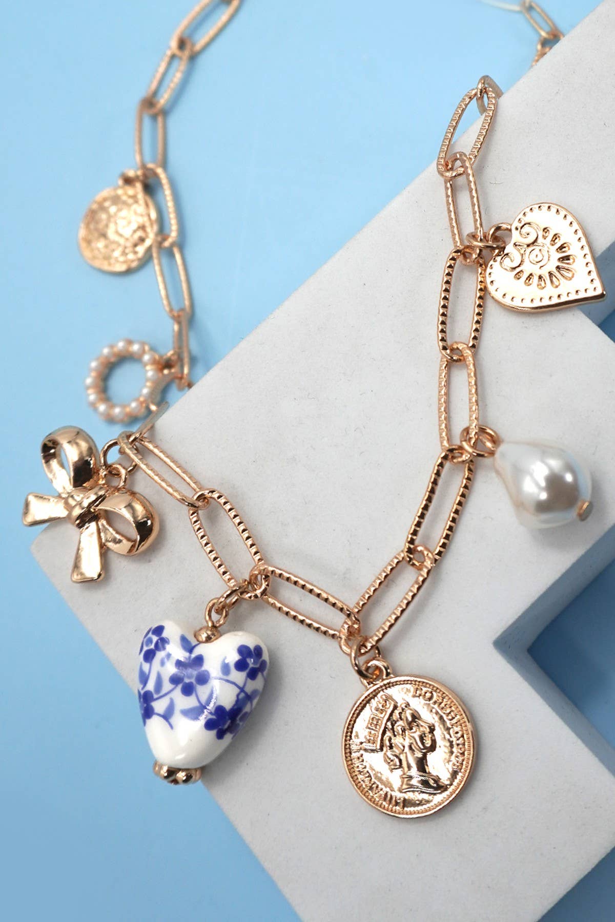 Bow Heart Charm Ceramic Porcelain Necklace, Delicate Link Design, Fashion Jewelry for Everyday Wear, Birthday or Anniversary Gift - Nifty Decor & More