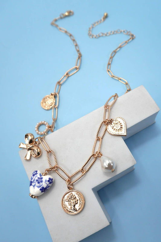 Bow Heart Charm Ceramic Porcelain Necklace, Delicate Link Design, Fashion Jewelry for Everyday Wear, Birthday or Anniversary Gift - Nifty Decor & More