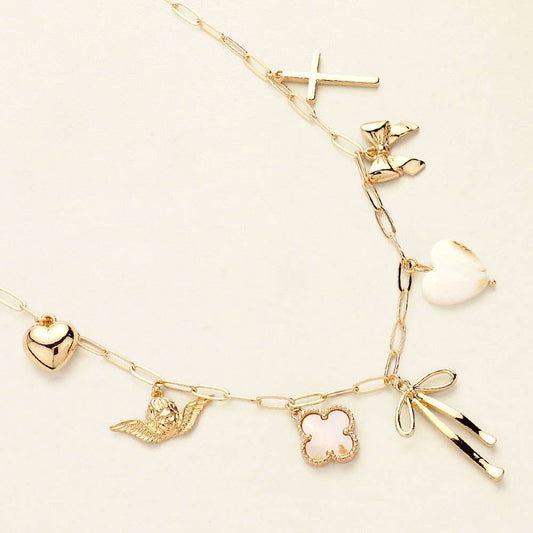 Bow Heart Cross Quatrefoil Angel Charm Necklace, Delicate Symbolic Jewelry for Faith and Style, Ideal Gift for Her Birthday or Christmas - Nifty Decor & More