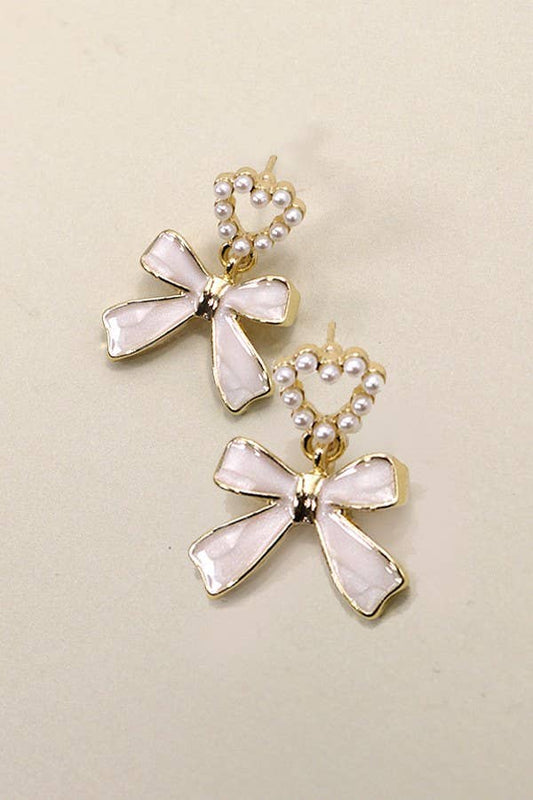Bow Heart Pearl Drop Earrings, Delicate Statement Accessory for Weddings & Parties, Perfect Gift Jewelry