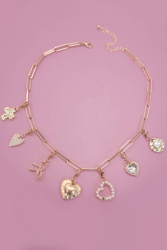 Bow Heart Removable Charm Necklace, Stylish Preppy Jewelry, Adjustable Multi Charm Necklace, Gift for Her - Nifty Decor & More