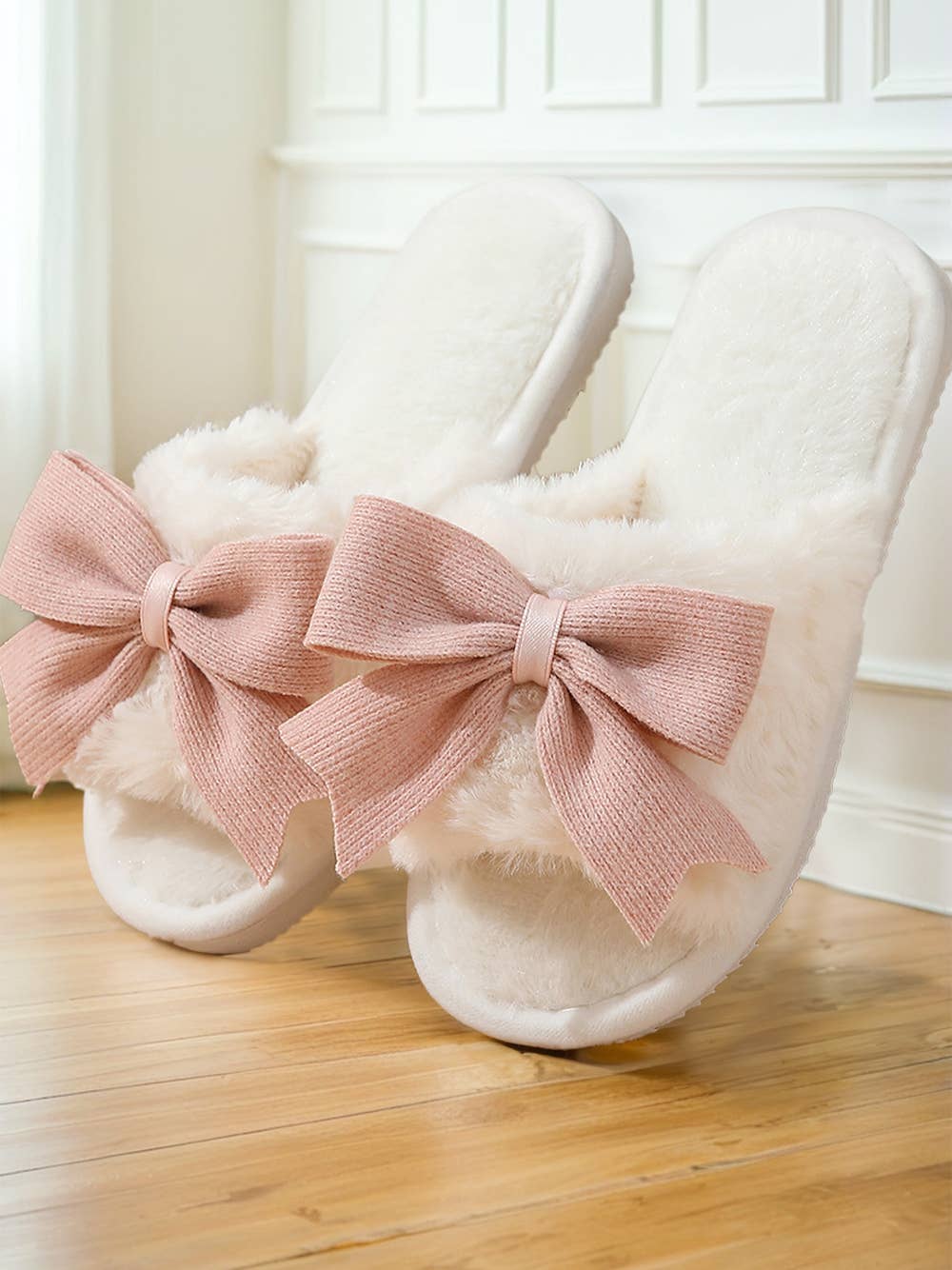 Bow Knot Decor Open Toe Plush Slippers - Nifty Decor & More