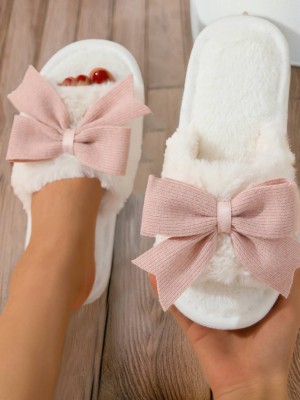 Bow Knot Decor Open Toe Plush Slippers - Nifty Decor & More