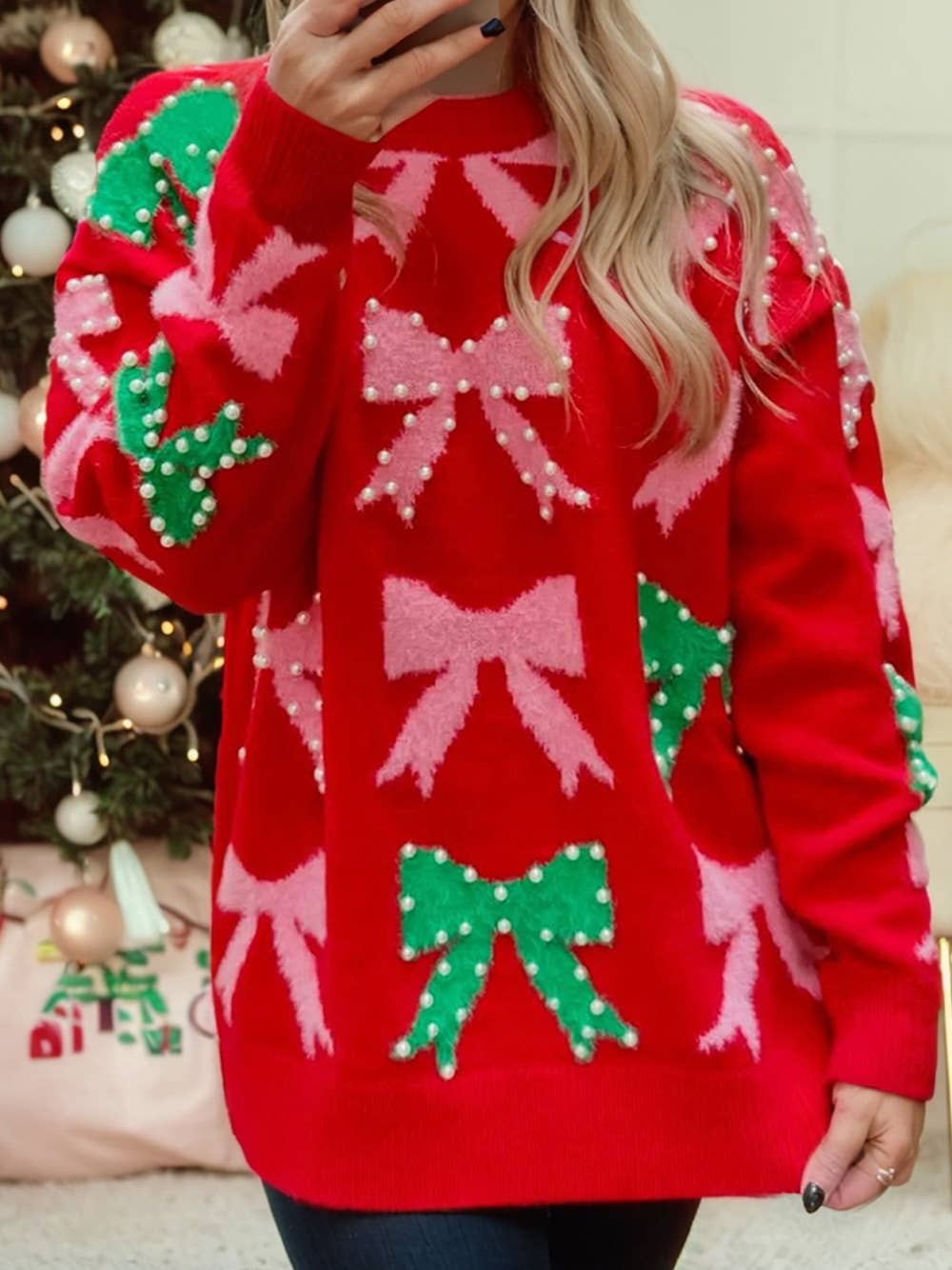 Bow Pearl Christmas Sweater - Nifty Decor & More