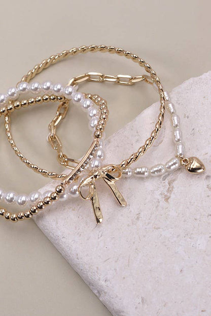 Bow Pearl Rhinestone Bar Stretch Bangle, Dazzling Stacking Bracelet Set for Everyday Chic, Gift for Women Bracelets