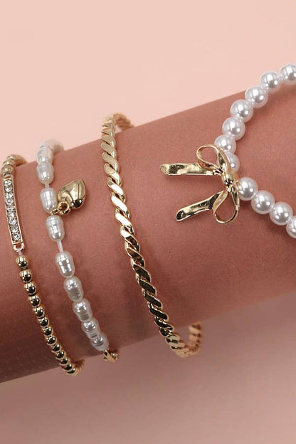Bow Pearl Rhinestone Bar Stretch Bangle, Dazzling Stacking Bracelet Set for Everyday Chic, Gift for Women Bracelets