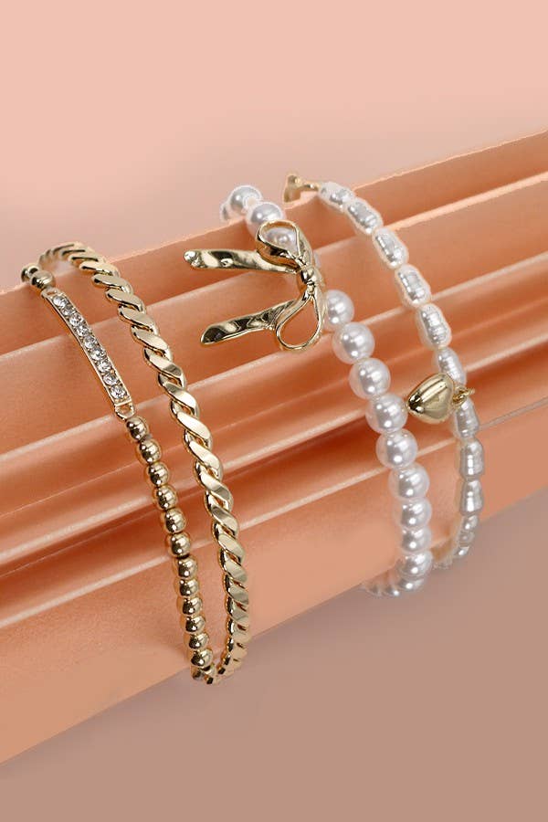 Bow Pearl Rhinestone Bar Stretch Bangle, Dazzling Stacking Bracelet Set for Everyday Chic, Gift for Women - Nifty Decor & More
