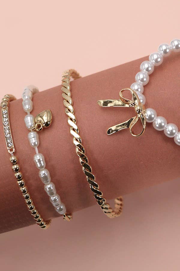 Bow Pearl Rhinestone Bar Stretch Bangle, Dazzling Stacking Bracelet Set for Everyday Chic, Gift for Women - Nifty Decor & More