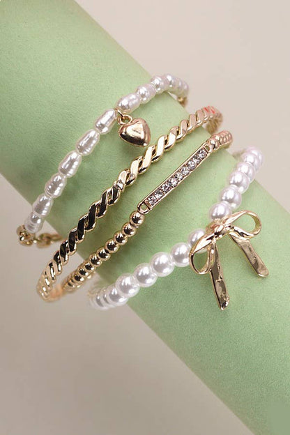 Bow Pearl Rhinestone Bar Stretch Bangle, Dazzling Stacking Bracelet Set for Everyday Chic, Gift for Women - Nifty Decor & More