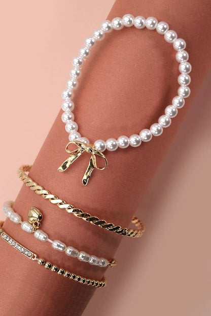 Bow Pearl Rhinestone Bar Stretch Bangle, Dazzling Stacking Bracelet Set for Everyday Chic, Gift for Women Bracelets
