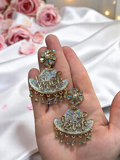 Bride Cowboy Girl Crystal Charm Dangle Earrings, Chic Western Bridal Jewelry, Wedding Accessory Gift Jewelry