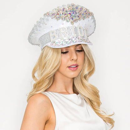 Bride Fashion Jeweled Captain Hat, Glamorous Bling Bridal Cap for Weddings and Bachelorette Gifts - Nifty Decor & More