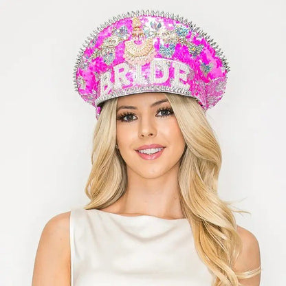 Bride Fashion Jeweled Captain Hat, Glamorous Bling Bridal Cap for Weddings and Bachelorette Gifts - Nifty Decor & More