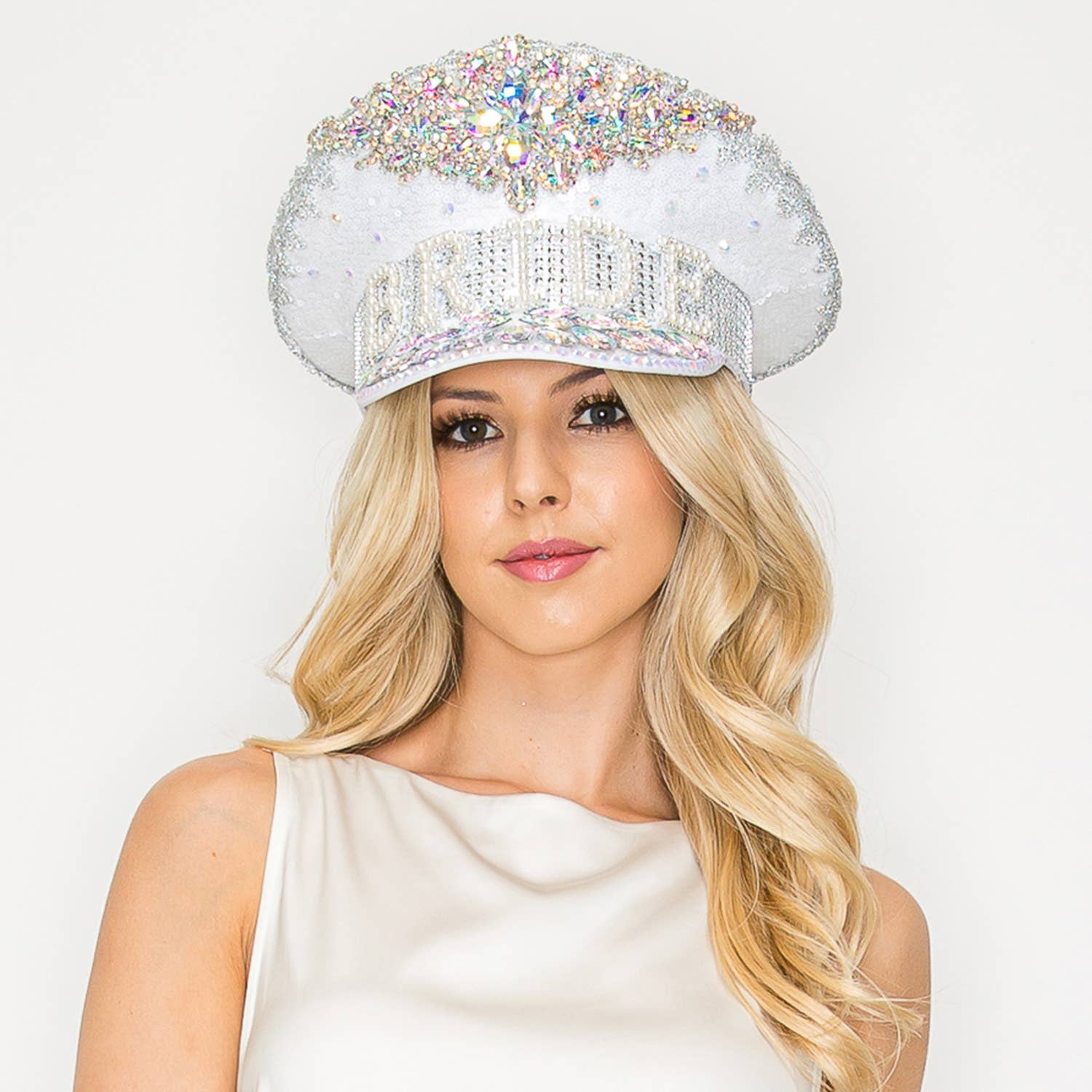 Bride Fashion Jeweled Captain Hat, Glamorous Bling Bridal Cap for Weddings and Bachelorette Gifts - Nifty Decor & More