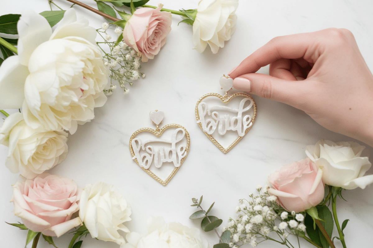 Bride Heart Cursive Statement Earrings - Nifty Decor & More