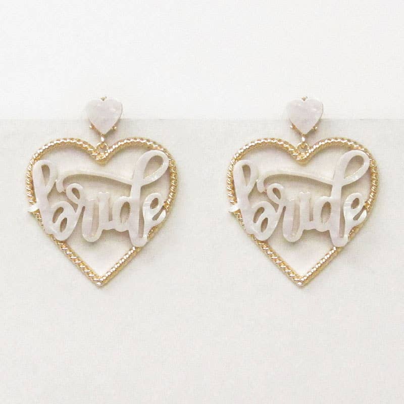 Bride Heart Cursive Statement Earrings