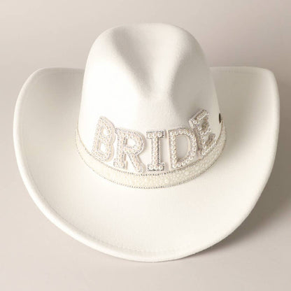 Bride Pearl Embellished Vegan Felt Cowboy Hat, Stylish Western Wedding Hat, Perfect Bride Gift Idea - Nifty Decor & More