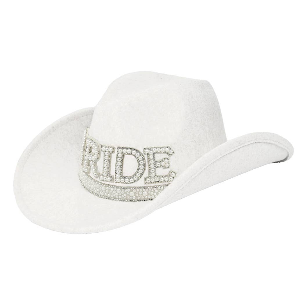 Bride Pearl Embellished Vegan Felt Cowboy Hat, Stylish Western Wedding Hat, Perfect Bride Gift Idea - Nifty Decor & More