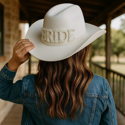 Bride Pearl Embellished Vegan Felt Cowboy Hat, Stylish Western Wedding Hat, Perfect Bride Gift Idea - Nifty Decor & More