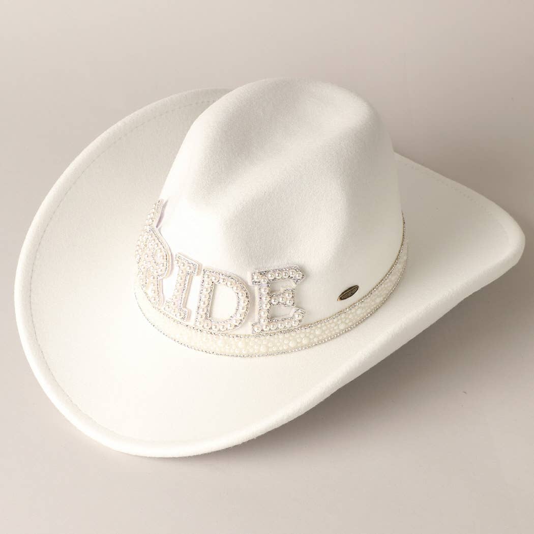 Bride Pearl Embellished Vegan Felt Cowboy Hat, Stylish Western Wedding Hat, Perfect Bride Gift Idea - Nifty Decor & More