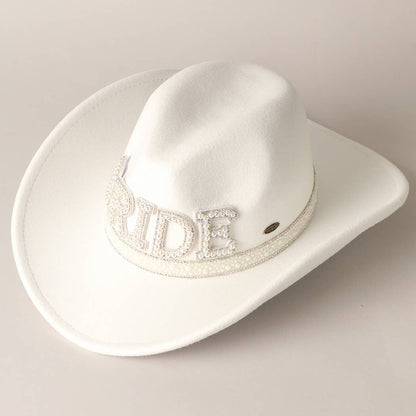 Bride Pearl Embellished Vegan Felt Cowboy Hat, Stylish Western Wedding Hat, Perfect Bride Gift Idea - Nifty Decor & More