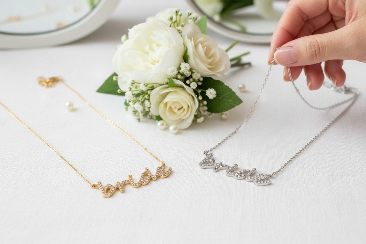 BRIDE Rhinestone Pendant Necklace CZ Gold - Dipped - Nifty Decor & More